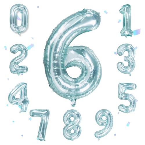 Ovanda Luftballon 6. Geburtstag Zahl 6 Kristallblau Stehende XXL Riesen Folienballon 82cm Geburtstagsdeko Jungen Ballon Zahl Deko zum Geburtstag. Luftballon Zahl 6, für Babyparty Jubiläum Deko von Ovanda