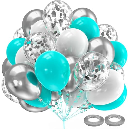 Ovanda Hochzeitsdeko Luftballons Türkis Weiß Silber, 30 Stück Tiffany Blau Ballons, Helium Ballons Blau, Konfetti Glitzer Luftballons für Hochzeit Baby Shower Geburtstag Abschluss Taufe Deko von Ovanda