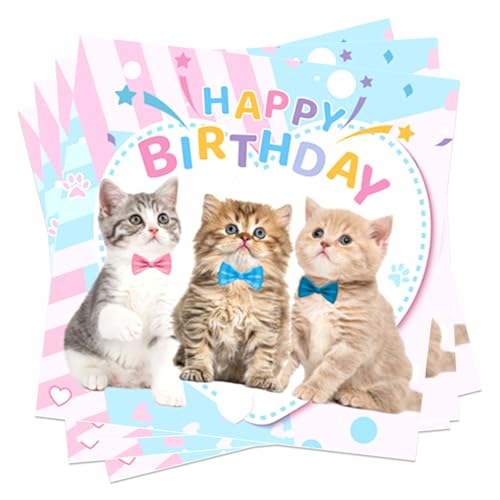 Ovanda 24 Stück Katzen Geburtstag Deko Servietten (33 x 33 cm), Kindergeburtstag Servietten Katze, Servietten Kinder Tischdeko, Katzen Deko Papierservietten, Haustier Party Dekoration Papierservietten von Ovanda