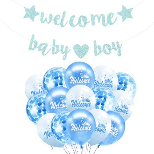 Ovanda Willkommen Zuhause Baby Deko Junge, Blau Welcome Home Baby Boy Banner, Babyshowerparty Deko Junge mit Welcome Home Babys Boy Girlande, Luftballons Dekoration, Konfetti Ballon Ovanda Willkommen Zuhause Baby Deko Junge, Blau Welcome Home Baby Boy Banner, Babyshowerparty Deko Junge mit Welcome Home Babys Boy Girlande, Luftballons Dekoration, Konfetti Ballon von Ovanda