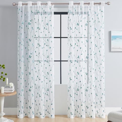 2 Paneele Weiße Durchsichtige Vorhänge Mit Blättermuster, Netzvorhänge Für Wohnzimmer Und Schlafzimmer, Küchenfensterbehandlung, Durchsichtige Vorhänge Mit Blättermuster (Himmelblau, B52 × L72) von Overpassing