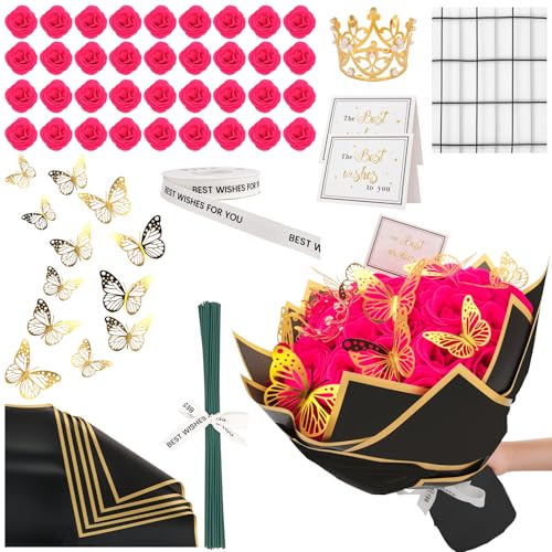 Ovveroche Glitzer-Rosenstrauß-Set, Hot Pink, glitzerndes Blumenarrangement mit Stielen, Schmetterlingen, Krone, Geschenkpapier, Karte, Band für Hochzeit, Muttertag, Geburtstag, Bastelarbeiten, 36 Ovveroche Glitzer-Rosenstrauß-Set, Hot Pink, glitzerndes Blumenarrangement mit Stielen, Schmetterlingen, Krone, Geschenkpapier, Karte, Band für Hochzeit, Muttertag, Geburtstag, Bastelarbeiten, 36 von Ovveroche