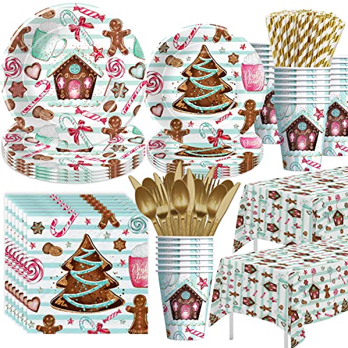Owelleny Weihnachtsparty-Dekorationen, Lebkuchenhaus-Keks-Weihnachtspappteller und Servietten, Partyzubehör-Set, Weihnachtsteller, Tasse, Serviette, Tischdecke, Einweg-Besteck, Serves 24 von Owelleny