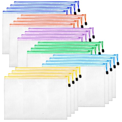 Owevvin 24 Stück Netztaschen mit Reißverschluss, A4-Größe – 6 Farben, transparenter Netzstoff, Dokumenten-Organizer für Schule, Bürobedarf, Reiseutensilien und Bastelaufbewahrung (2) von Owevvin
