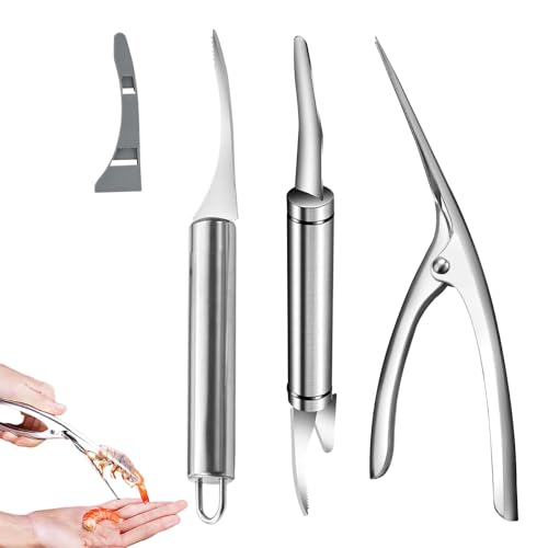 3-teiliges Multifunktionales Garnelenset, 5-In-1-Multifunktionales Garnelenschnur, Edelstahl Shrimp Peeler,Garnelenlinienmesser - für Shrimps, Meeresfrüchte und Fisch von Ownkim