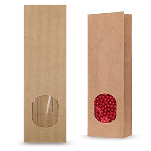 SmartPack 90 x braune Papiertüten mit Fenster, Größe 20 x 7 x 4 cm, Blockbodenbeutel mit Fenster, Papiertüten für Tee, Kekstüten, Verpackungen für Lebensmittel, Papiertüten für Gewürze von Ownsun
