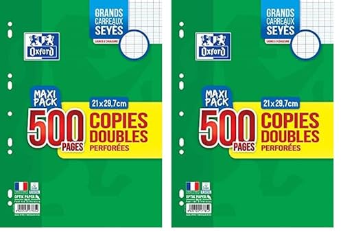 OXFORD Doppelbögen, groß, kariert, Seyès-Karo, 500 weiße Seiten, 90 g, eingeschweißt. (Packung mit 2) von Oxford