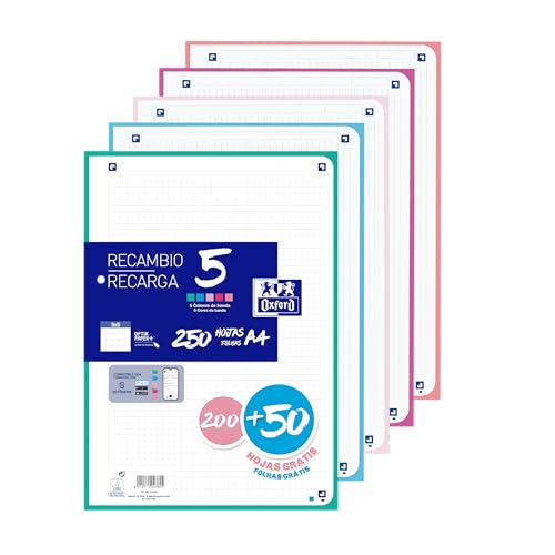Oxford, A4, kariert, perforiert, Nachfüllpackung, Lineatur 5 x 5, 4 Löcher, 5 Pastell-Bandfarben, 250 Blatt Oxford, A4, kariert, perforiert, Nachfüllpackung, Lineatur 5 x 5, 4 Löcher, 5 Pastell-Bandfarben, 250 Blatt von Oxford
