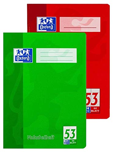 Oxford 100050336 Vokabelheft Schule 10er Pack im Format A4 mit 2 Spalten 32 Blatt sortiert rot und grün & Hefthülle A4, transparent, 25er Pack von Oxford
