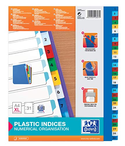 Oxford 100204822 XL Kunststoff-Register Strong-Line 25er Pack Zahlen 1-31 31-teilig Extrabreit für die ideale Ablage von Prospekthüllen von Oxford