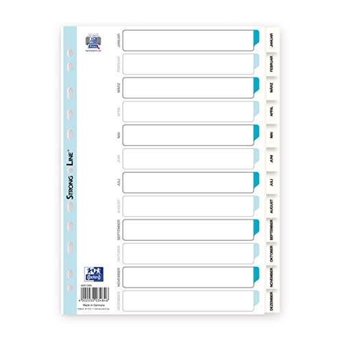 Oxford 400013900 Kunststoff-Register Strong-Line 10er Pack Jan-Dez 12-teilig für DIN A4 Plastikregister mit beschriftbarem Deckblatt weiß Ringbuch Ordner Ring-Mappe Oxford 400013900 Kunststoff-Register Strong-Line 10er Pack Jan-Dez 12-teilig für DIN A4 Plastikregister mit beschriftbarem Deckblatt weiß Ringbuch Ordner Ring-Mappe von Oxford