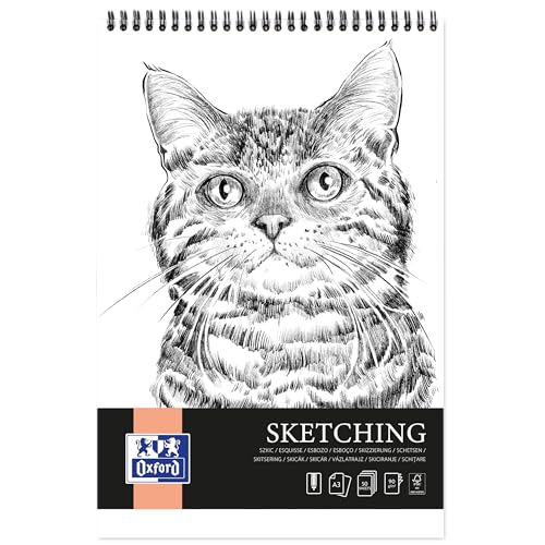 Oxford Artistic Skizzenblock A3 Katze, 50 Blatt, Zeichenblock mit Spirale, Sketchbook, Kunstblock 90g/m² säurefreies Papier, Zeichenheft mit stabiler Rückpappe, Skizzenheft für Zeichnen & Skizzen von Oxford