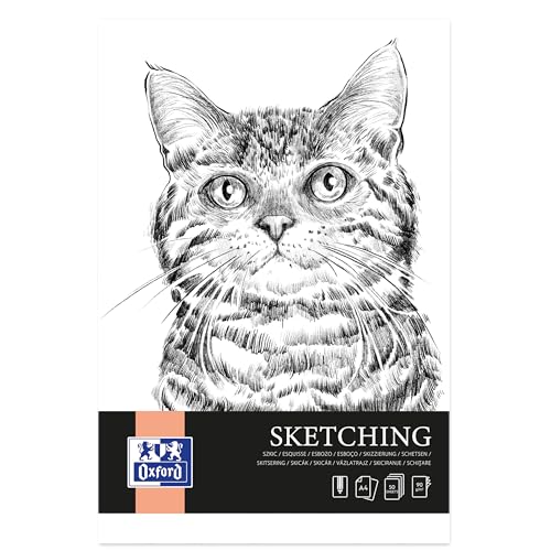 Oxford Artistic Skizzenblock A4 Katze, 50 Blatt, Zeichenblock Geklebt, Sketchbook, Kunstblock 90g/m² säurefreies Papier, Zeichenheft mit stabiler Rückpappe, Skizzenheft für Zeichnen & Skizzen von Oxford