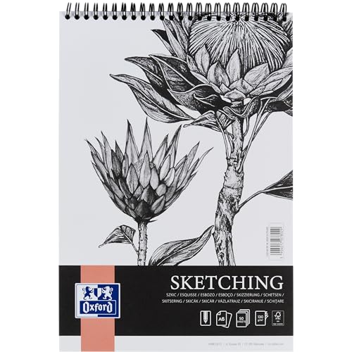 Oxford Artistic Skizzenblock A6 50 Blatt, Zeichenblock mit Doppelspirale, Sketchbook, Kunstblock 130g/m² säurefreies Papier, Zeichenheft mit stabiler Rückpappe, Skizzenheft für Zeichnen & Skizzen von Oxford