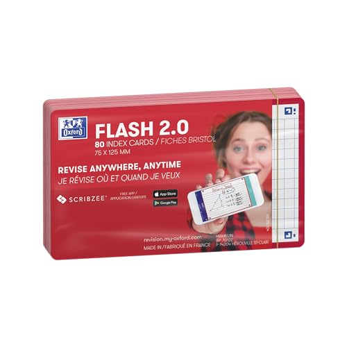 Oxford FLASH 2.0 Karteikarten A7, Lernkarten, 75x125mm, kariert, rot, 80 Blatt von Oxford