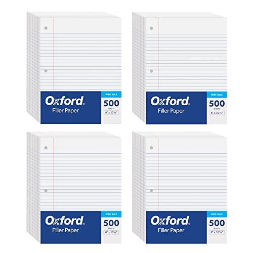 Oxford Füllpapier, 20,3 x 26,7 cm, breites Lineal, 3-fach gelocht, 2.000 Blatt lose Blätter Papier für 3 Ringbücher, 4 Packungen à 500 Stück, weiß (62379) von Oxford