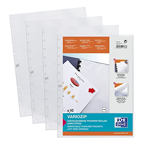 Oxford Prospekthüllen A4 mit vario-zipp-Prinzip, manageMe! Ersatzhüllen links offen, PP 0,08 mm, dokumentenecht, glasklar, transparent 10er Pack (100 Stück) von Oxford