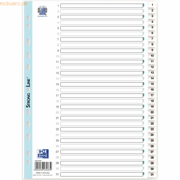 10 x Oxford Register A4 PP-Folie 1-31 weiß von Oxford