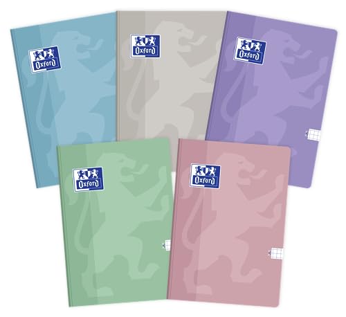 Oxford Schulheft A5 Kladde 60 karierte Blätter mit Seitenrand, Optik Paper 90 g, weicher laminierter Umschlag, Notizblock Set für Büro & Schule, 5 Stück-Packung, Farbenmix von Oxford
