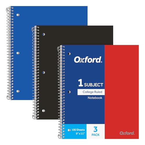Oxford Spiralnotizbücher, 1 Thema, College-Papier, robuster Kunststoffeinband, 100 Blatt, Trenntasche, 3 pro Packung (10390), Rot, Schwarz und Blau von Oxford