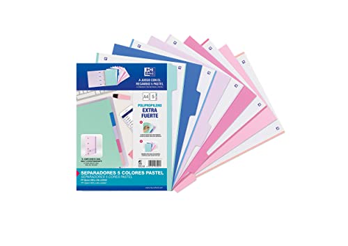 Oxford Strongline DIN A4 Register aus Kunststoff, 5-teilig, Pastell-Farben, blickdicht, für A4 Ordner mit 2 oder 4 Ringen von Oxford