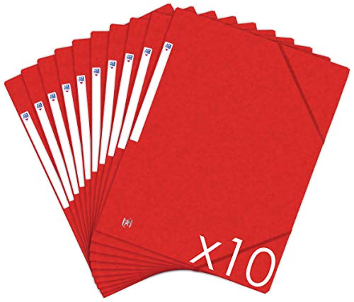 Oxford Topfile+ Mappen aus Karton, 3 Klappen, A4, Gummiverschluss, Rot, 10 Stück von Oxford