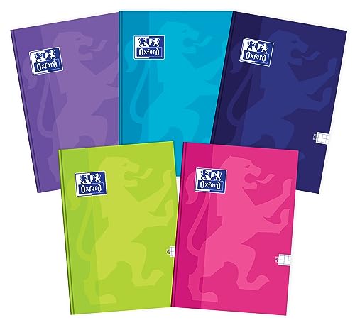 Oxford Touch Notizbuch, Kladde A5 Kariert, 96 Blätter, Hardcover Notebook, Für Schule, Tagebuch, Schreibheft, Kariertes Heft, Robuster Buchrücken, 5 Stück-Packung, Farbenmix, 400175290 von Oxford