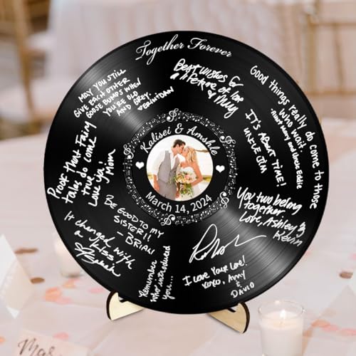 Ozinna Benutzerdefinierte Vinyl-Schallplatten-Hochzeitsgästebuch-Alternative, benutzerdefinierte Holz-Rund-Schallplatten-Hochzeitsnachrichtenbuch mit individuellem Foto und Namen, moderne Hochzeit, von Ozinna