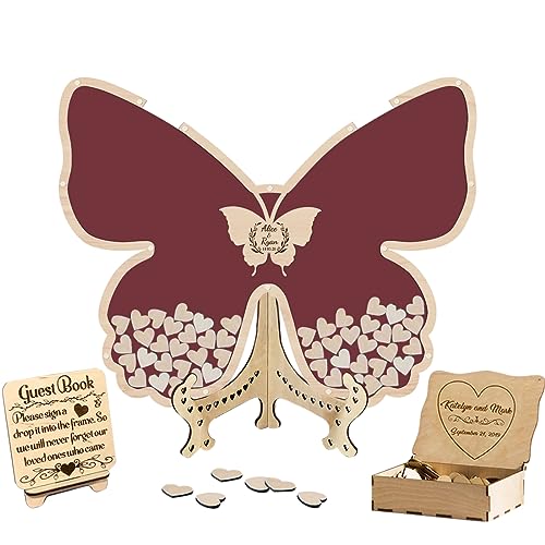 Ozinna Personalisiertes Hochzeitsgästebuch mit Schmetterlingsmotiv, rustikales Hochzeitsgästebuch für Empfangsgäste zum Unterschreiben mit Holz-Schmetterlingsbordüre (#-10 Rot) von Ozinna