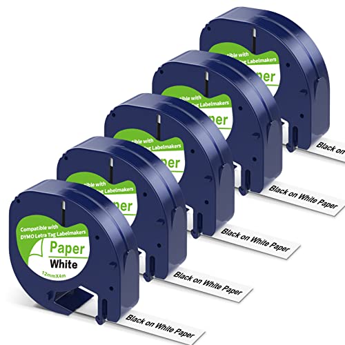 5 x 91330 Ersatzpapier für Dymo Letratag Nachfüllpackungen, 12 mm x 4 m, kompatibel mit Dymo Label Maker Nachfüllpackungen, Letra Tag LT-100T LT-100H QX50, Schwarz auf Weiß 5 x 91330 Ersatzpapier für Dymo Letratag Nachfüllpackungen, 12 mm x 4 m, kompatibel mit Dymo Label Maker Nachfüllpackungen, Letra Tag LT-100T LT-100H QX50, Schwarz auf Weiß von P PUTY