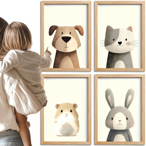 PACKLIST® Babyzimmer Deko – Tierposter für Kinder: Katze, Hund, Hase & Hamster – 4er Set Wandbilder A4 (21x30 cm) auf 250g Papier – Ohne Rahmen – Niedliche Bilder für Jungen & Mädchen von PACKLIST