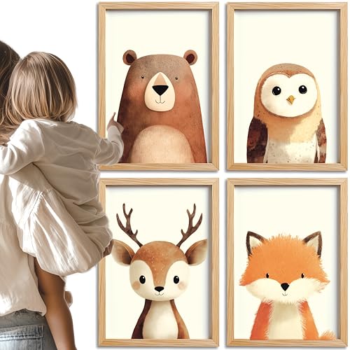 PACKLIST® Dekoration für das Babyzimmer – Kinderposter mit Waldtieren und Naturmotiven: Bär, Eule, Hirsch und Fuchs – A4-Laminate (21x30 cm) auf 250 g Papier, ohne Rahmen, für Jungen und Mädchen von PACKLIST