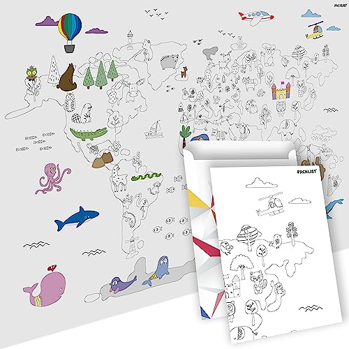 PACKLIST® Papier-Tischdecke Die Welt zum Ausmalen, Weltkarte Tischdecke, Ausmalbilder Welt Kinder, Weltreise Geschenk Kinder, Basteln Welt, Mal Mich Bunt XXL-Malposter „Die Welt“! von PACKLIST