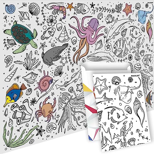 PACKLIST® Papier-Tischdecke Ozean zum Ausmalen, Meerestiere Tischdecke, Ausmalbilder Meer Kinder, Strand Geschenk Kinder, Basteln Unterwasserwelt, Mal Mich Bunt XXL! von PACKLIST