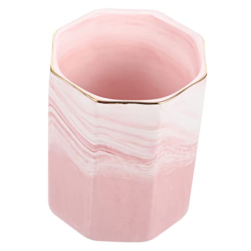PACKOVE Makeup Pinsel Halter aus Keramik im Eleganten Marmor Design Organizer für Kosmetik Schminktisch Seitiger Pinselbehälter mit Goldenen Akzenten von PACKOVE