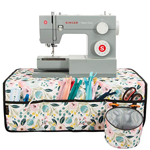 PACMAXI Nähmaschinenunterlage für Tisch mit Taschen, wasserabweisender Nähmaschinen-Organizer, Pad-Organizer für Nähmaschinenzubehör, Nähmaschinenmatte (Blumenmuster mit beigem Hintergrund) von PACMAXI