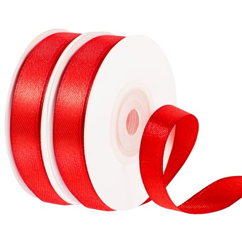 2 Rollen Geschenkband Rot, 1,2 cm x 22 m pro Rolle Satinband Rot Geschenkband Breit Dekoband Schleifenband für Hochzeit Valentinstag Weihnachten Geschenkverpackung Bastelarbeiten von PAEFIU