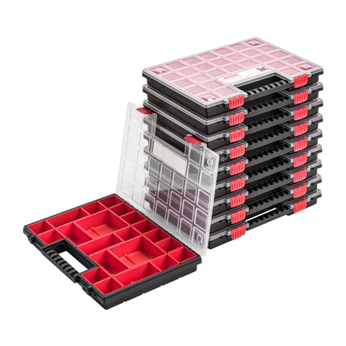 10x Sortimentskasten Kleinteilemagazin mit Deckel - 400 x 305 x 50 mm - Sortierbox Sortierkasten Sortierkoffer Werkzeugbox roten Fächern von PAFEN