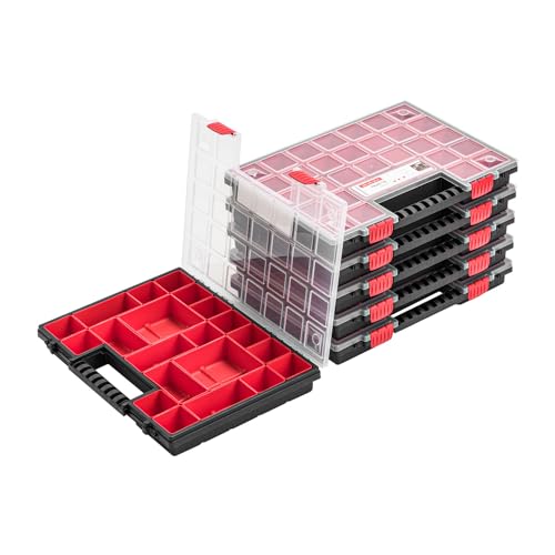 6x Sortimentskasten Kleinteilemagazin mit Deckel - 400 x 305 x 50 mm - Sortierbox Sortierkasten Sortierkoffer Werkzeugbox roten Fächern von PAFEN