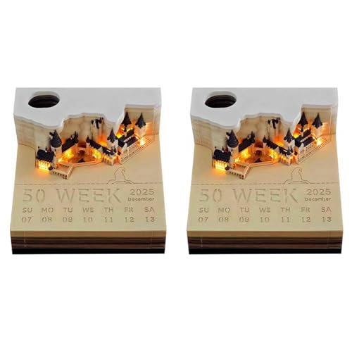 PAGJHRFJG 2X Uhrenkalender, Schreibtischkalender 2025, Notizblock, 3D-Uhrenblock mit Lichtern im Magischen Schloss-Design von PAGJHRFJG