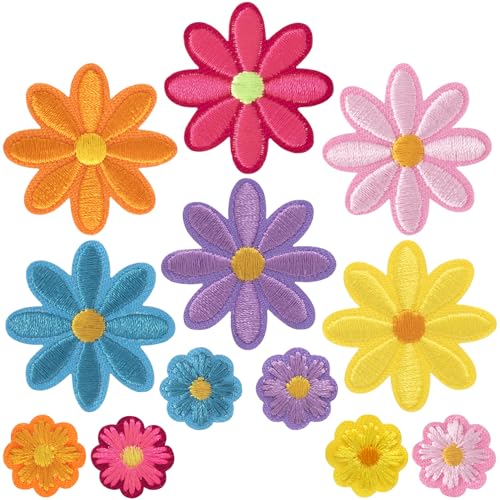 PAGOW 12 Stück Blumen-Aufnäher zum Aufbügeln, niedliche Gänseblümchen-Applikation, bestickte Applikation zum Aufnähen für Taschen, Jacken, Jeans, Kleidung (12 Stile) von PAGOW