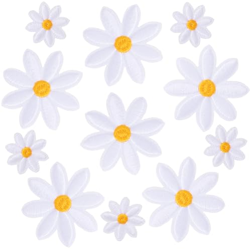 PAGOW 12 Stück Blumen-Aufnäher zum Aufbügeln, weiße Gänseblümchen, Applikation für Kleidung, bestickte Blumenapplikation für Taschen, Jeans, Hemden (2 Größen) von PAGOW