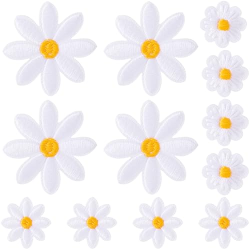 PAGOW 12 Stück Blumen-Aufnäher zum Aufbügeln, weiße Gänseblümchen, Applikation für Kleidung, bestickte Blumenapplikation für Taschen, Jeans, Hemden (3 Größen) von PAGOW