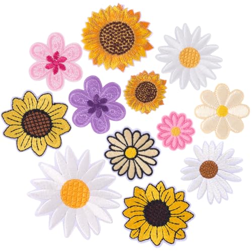 PAGOW 12 Stück Blumen zum Aufbügeln, niedliche Gänseblümchen, bestickte Applikation, Sonnenblumen-Aufnäher für Taschen, Jacken, Jeans, Kleidung, Hüte von PAGOW