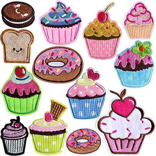 PAGOW 13 Stück bestickte Cupcake-Aufnäher, bunte Aufnäher zum Aufbügeln für Kinder, Kleidung, Jacken, Taschen, DIY, süße Stickerei, niedliche Nähen, Basteldekoration von PAGOW