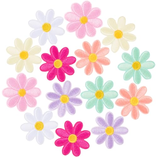 PAGOW 14 Stück Blumen-Aufnäher zum Aufbügeln, niedliche Gänseblümchen-Applikation, bestickte Applikation zum Aufnähen für Taschen, Jacken, Jeans, Kleidung (7 Stile) von PAGOW