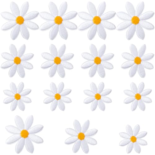 PAGOW 15 Stück Blumen-Aufnäher zum Aufbügeln, Gänseblümchen-Applikation für Kleidung, bestickte Blumenapplikation für Taschen, Jeans, Hemden (3 Größen) von PAGOW