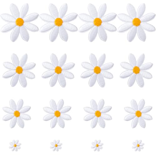 PAGOW 16 Stück Blumen-Aufnäher zum Aufbügeln, weiße Gänseblümchen, Applikation für Kleidung, bestickte Blumenapplikation für Taschen, Jeans, Hemden (4 Größen) von PAGOW