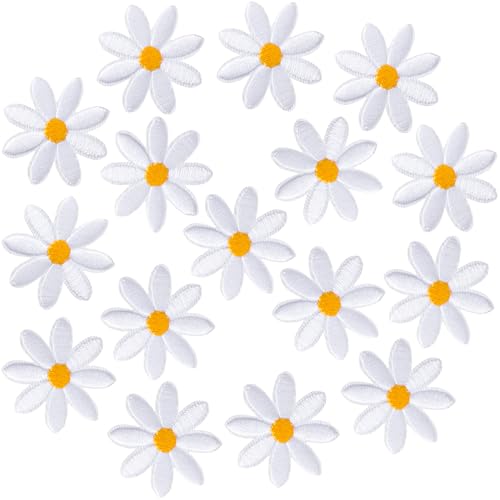 PAGOW 16 Stück Blumen zum Aufbügeln, weiße Gänseblümchen, Applikation für Kleidung, bestickte Blumenapplikation für Taschen, Jeans, Hemden (weiß, 3,5 x 3,5 cm) von PAGOW