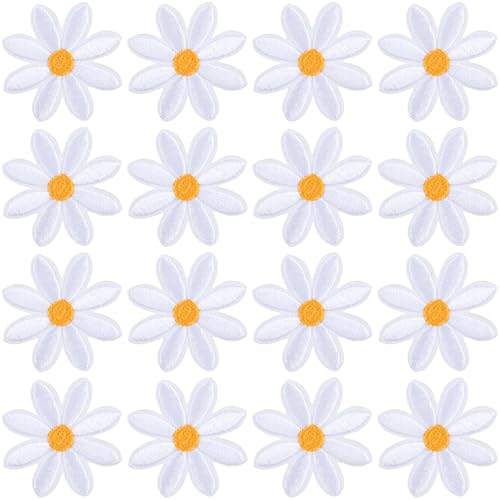 PAGOW 16 Stück Blumen zum Aufbügeln, weiße Gänseblümchen, Applikation für Kleidung, bestickte Blumenapplikation für Taschen, Jeans, Hemden (weiß, 3,7 x 3,7 cm) von PAGOW